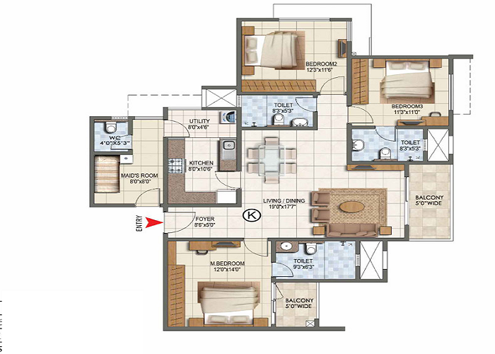 Prestige Pallava Gardens 3 BHK Floor Plan